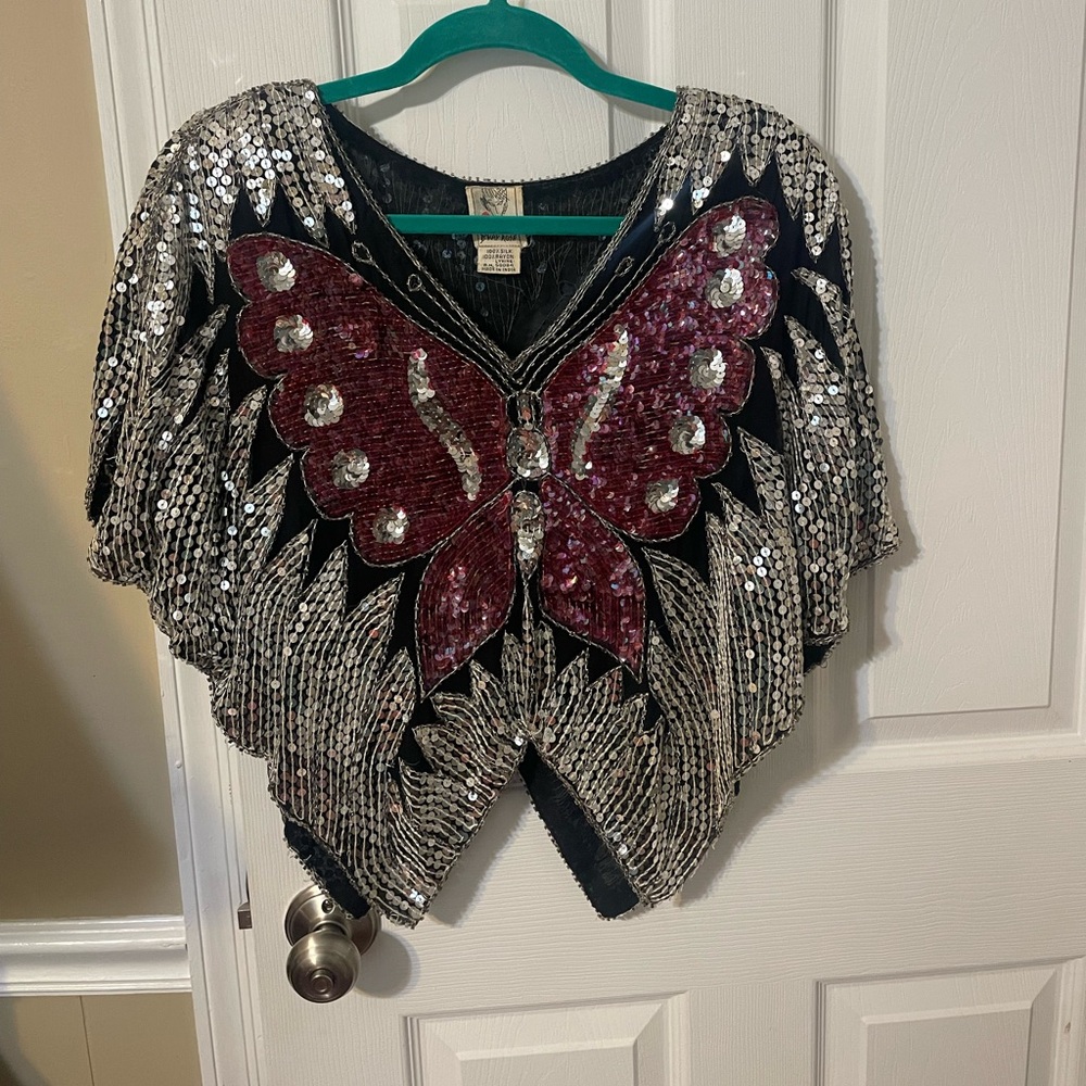 Vintage B’way Rose Butterfly Sequin Top